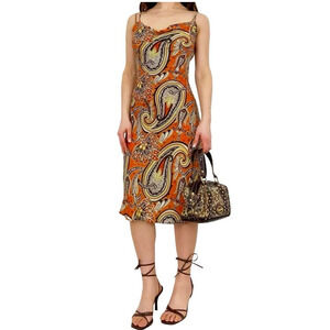 NY & Co Women 14 Dress Midi Slip Cowl Spaghetti Strap Orange Paisley‎ Y2K VTG